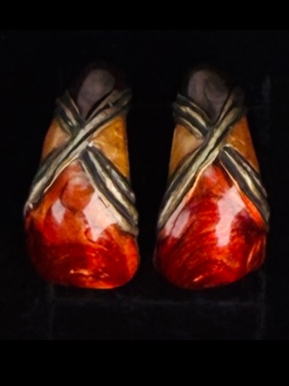 Artistic Vintage Red and Goldtone Weighted Pierced Earrings